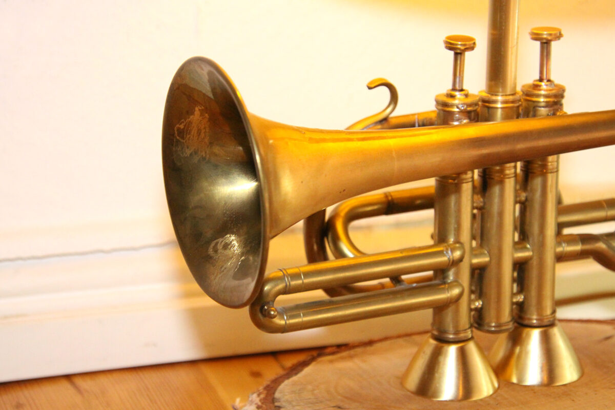 Trompetenlampe Stehlampe Messing Holz Gold Beige Vintage Handarbeit Horn