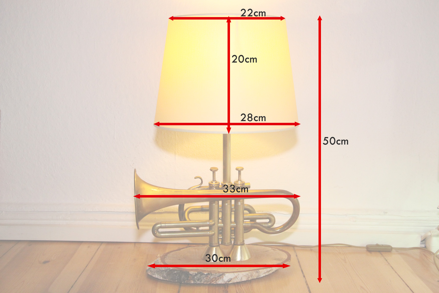 Trumpet lamp floor lamp brass wood gold beige vintage handmade