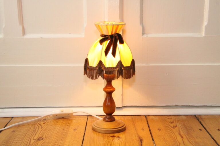 Tischlampe Tischleuchte Holz Textil Fransen 80er J Vintage Retro