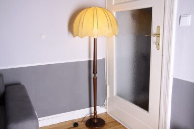 Stehlampe Holz Messing Kunstleder Beige Braun 143cm 70er J Retro