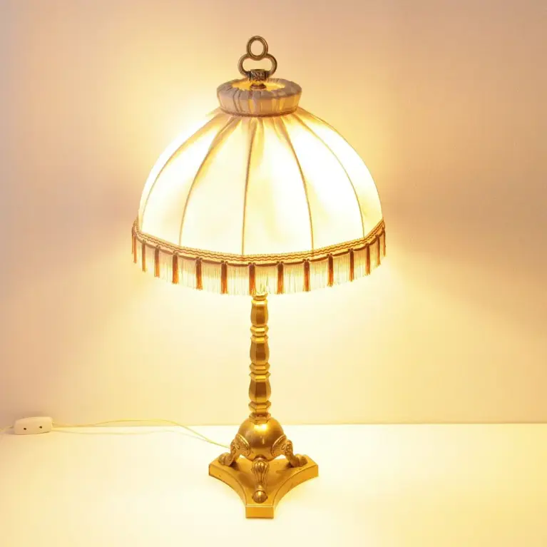 Tischlampe Messing Massiv Fransen 76cm 1970er Jahre Vintage