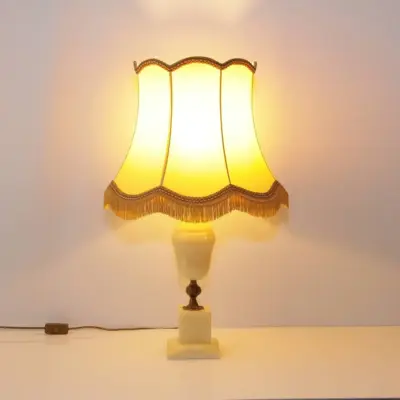 Tischlampe Naturstein Messing Kunstleder Fransen 67cm 1970er J Vintage