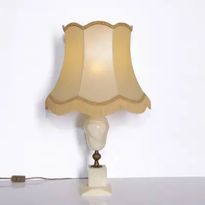 Tischlampe Naturstein Messing Kunstleder Fransen 67cm 1970er J Vintage