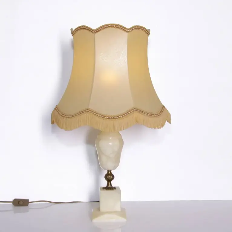 Tischlampe Naturstein Messing Kunstleder Fransen 67cm 1970er J Vintage