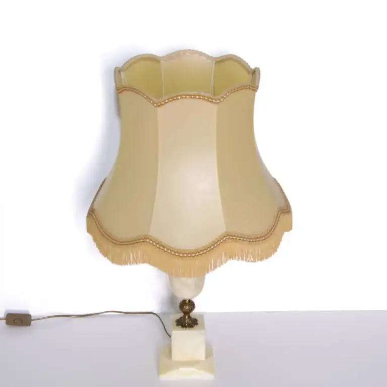 Tischlampe Naturstein Messing Kunstleder Fransen 67cm 1970er J Vintage
