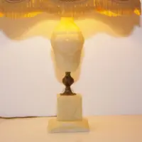 Tischlampe Naturstein Messing Kunstleder Fransen 67cm 1970er J Vintage