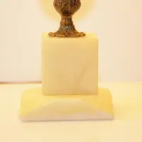 Tischlampe Naturstein Messing Kunstleder Fransen 67cm 1970er J Vintage