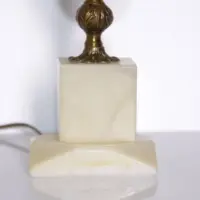 Tischlampe Naturstein Messing Kunstleder Fransen 67cm 1970er J Vintage