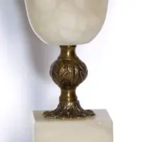 Tischlampe Naturstein Messing Kunstleder Fransen 67cm 1970er J Vintage