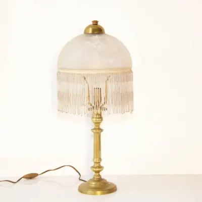 Tischlampe Glasschirm Opalglas Kunstglasperlen 54cm 70er J Retro