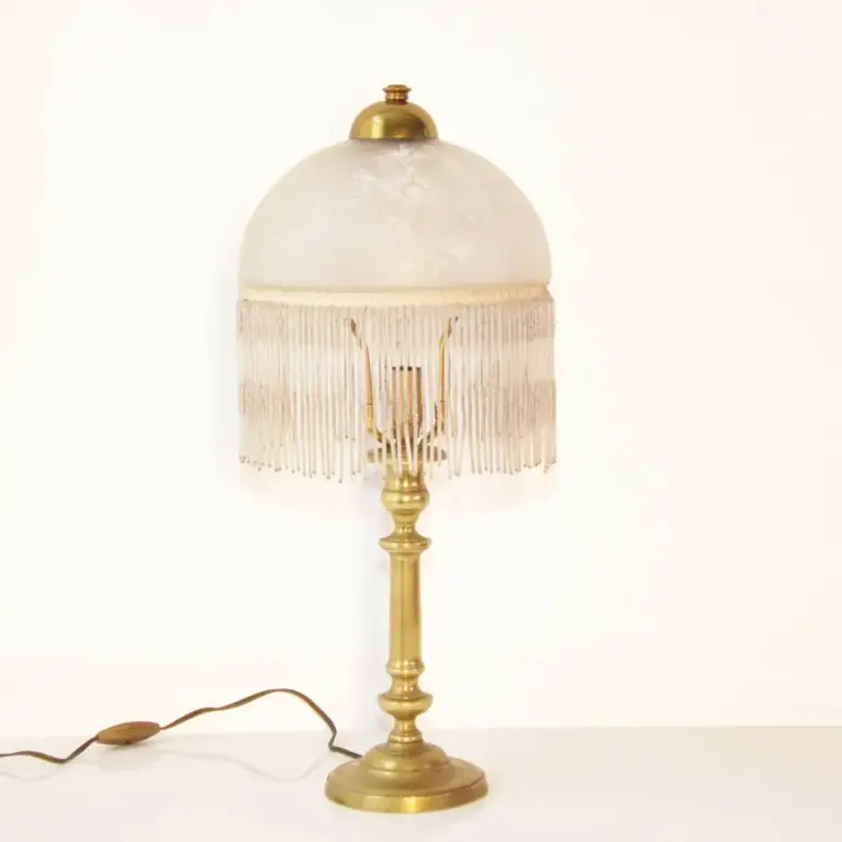 Tischlampe Glasschirm Opalglas Kunstglasperlen 54cm 70er J Retro