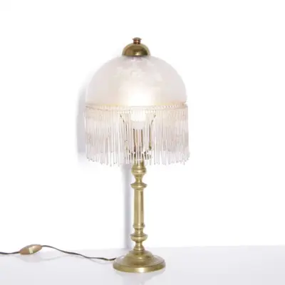 Tischlampe Glasschirm Opalglas Kunstglasperlen 54cm 70er J Retro