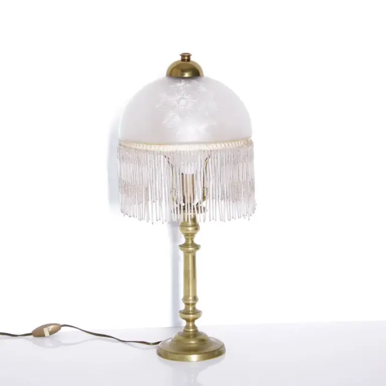 Tischlampe Glasschirm Opalglas Kunstglasperlen 54cm 70er J Retro
