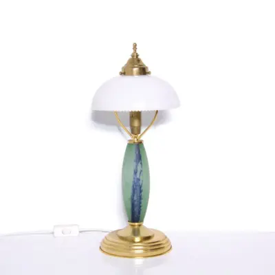 Tischlampe Glasschirm Opalglas Kunststein Messing 46cm 80er J Vintage