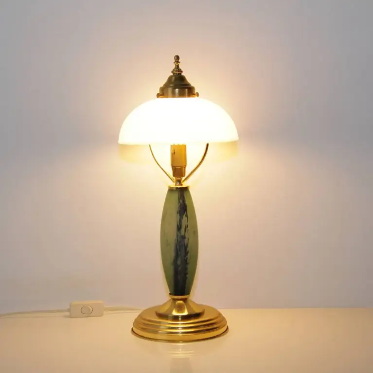 Tischlampe Glasschirm Opalglas Kunststein Messing 46cm 80er J Vintage