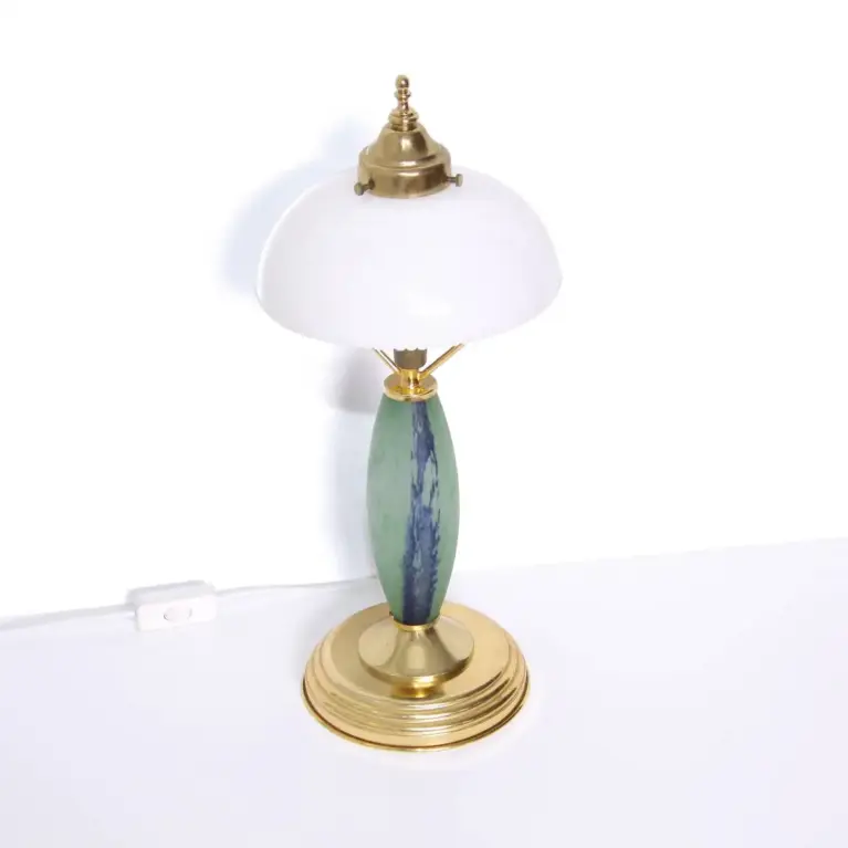 Tischlampe Glasschirm Opalglas Kunststein Messing 46cm 80er J Vintage
