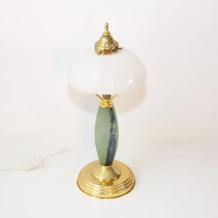 Tischlampe Glasschirm Opalglas Kunststein Messing 46cm 80er J Vintage