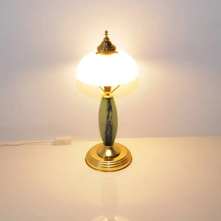 Tischlampe Glasschirm Opalglas Kunststein Messing 46cm 80er J Vintage