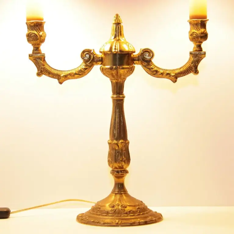 Tischlampe Zweiflammig Messing Massiv Antik-Gold 70er J Retro