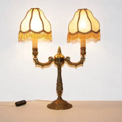 Tischlampe Zweiflammig Messing Massiv Fransen 70er J Retro