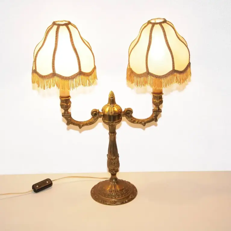 Tischlampe Zweiflammig Messing Massiv Fransen 70er J Retro