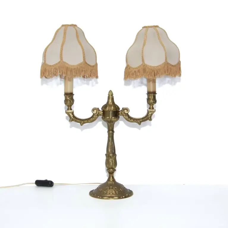 Tischlampe Zweiflammig Messing Massiv Fransen 70er J Retro