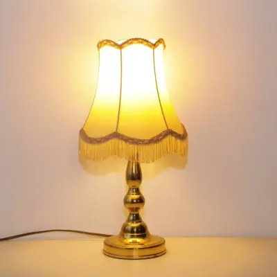 Tischlampe Messing Kunstleder Stoffbordüren Fransen 43cm 80er J Vintage