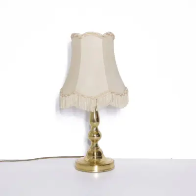 Tischlampe Messing Kunstleder Stoffbordüren Fransen 43cm 80er J Vintage
