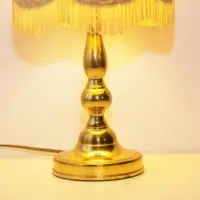 Tischlampe Messing Kunstleder Stoffbordüren Fransen 43cm 80er J Vintage