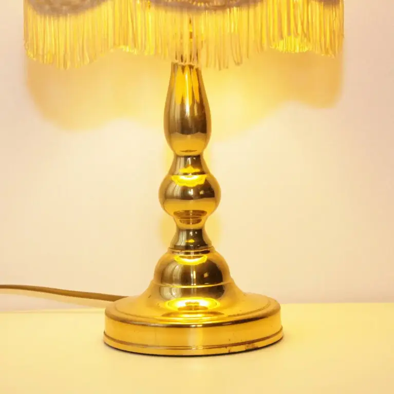 Tischlampe Messing Kunstleder Stoffbordüren Fransen 43cm 80er J Vintage