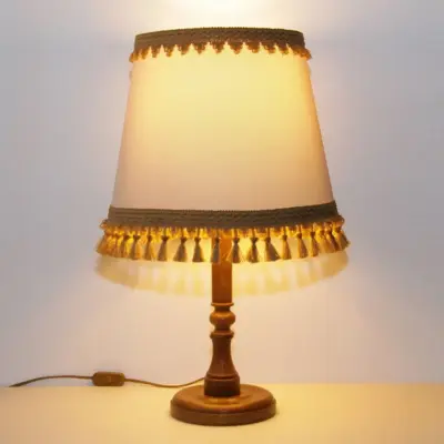 Tischlampe Holz Textil Hellbeige Braun Fransen 63cm 80er J Vintage