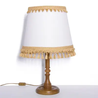 Tischlampe Holz Textil Hellbeige Braun Fransen 63cm 80er J Vintage