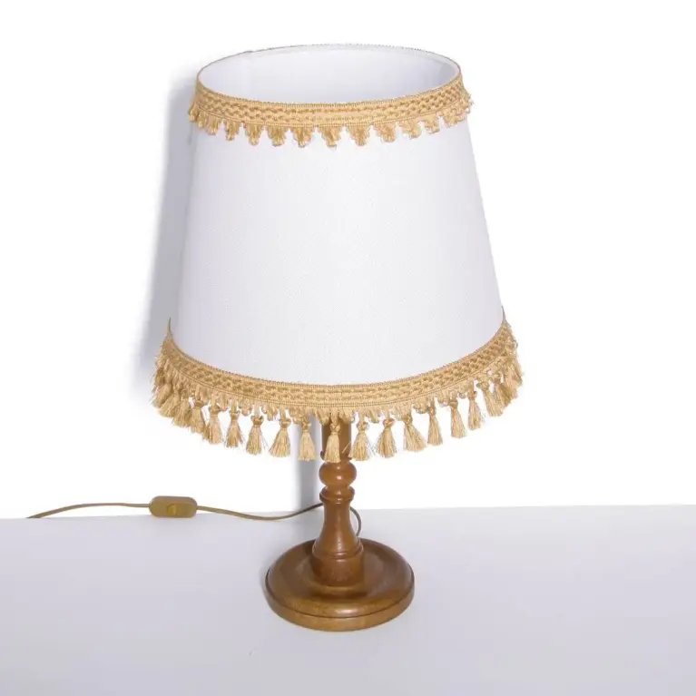 Tischlampe Holz Textil Hellbeige Braun Fransen 63cm 80er J Vintage