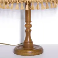 Tischlampe Holz Textil Hellbeige Braun Fransen 63cm 80er J Vintage