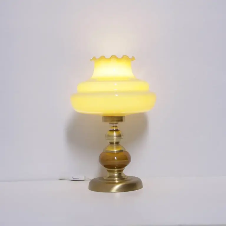 Lampe Messing Keramik Glasschirm Creme Gold 1970er J Vintage