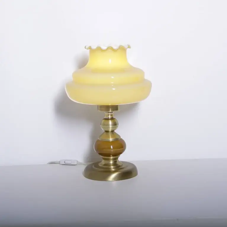 Lampe Messing Keramik Glasschirm Creme Gold 1970er J Vintage