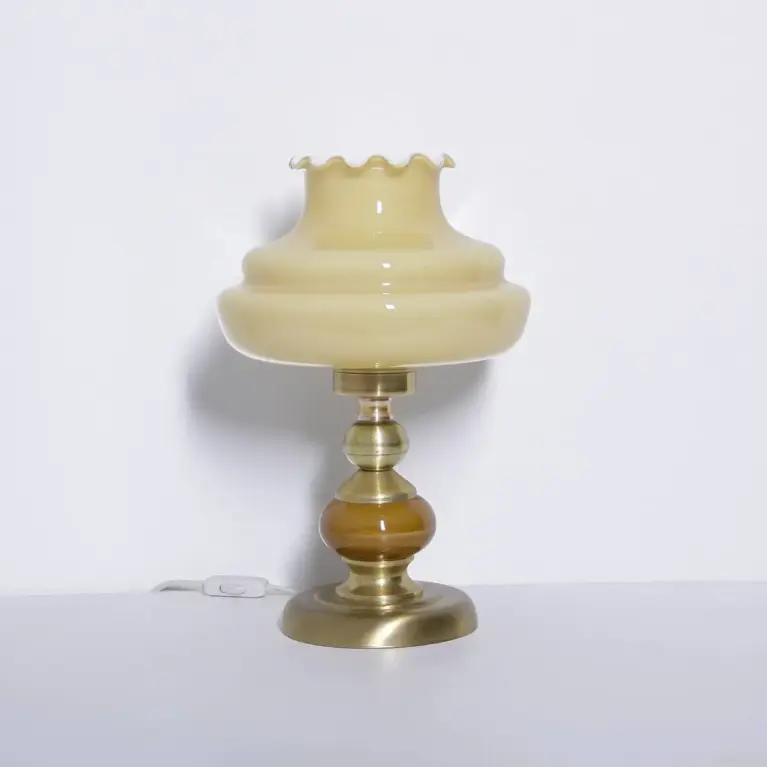 Lampe Messing Keramik Glasschirm Creme Gold 1970er J Vintage