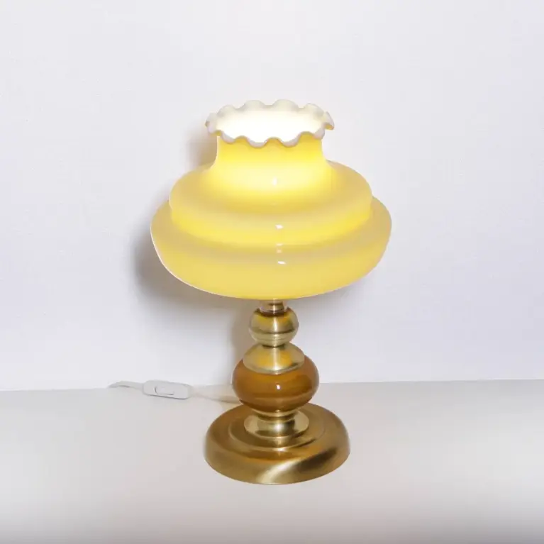 Lampe Messing Keramik Glasschirm Creme Gold 1970er J Vintage