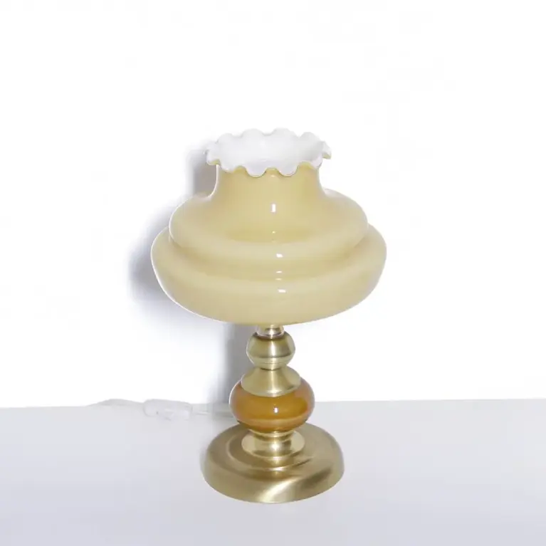 Lampe Messing Keramik Glasschirm Creme Gold 1970er J Vintage