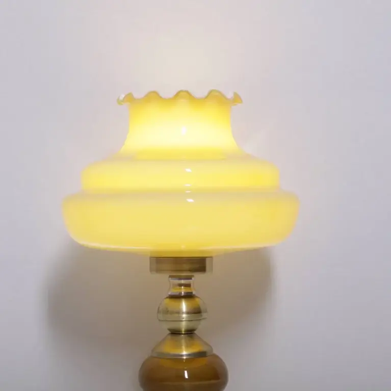Lampe Messing Keramik Glasschirm Creme Gold 1970er J Vintage