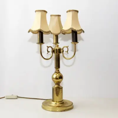 Tischlampe Dreiflammig Messing Beige Gold 53cm 70er J Vintage