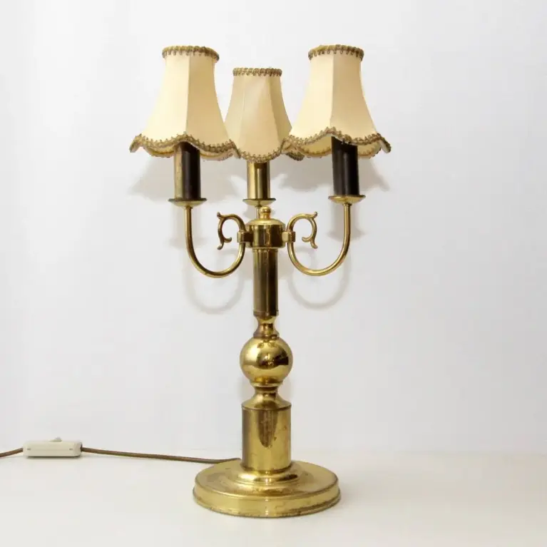 Tischlampe Dreiflammig Messing Beige Gold 53cm 70er J Vintage