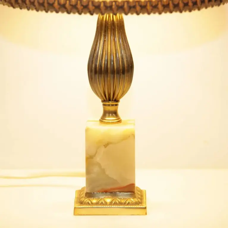 Tischlampe Messing Naturstein Beige 1970er Jahre Vintage