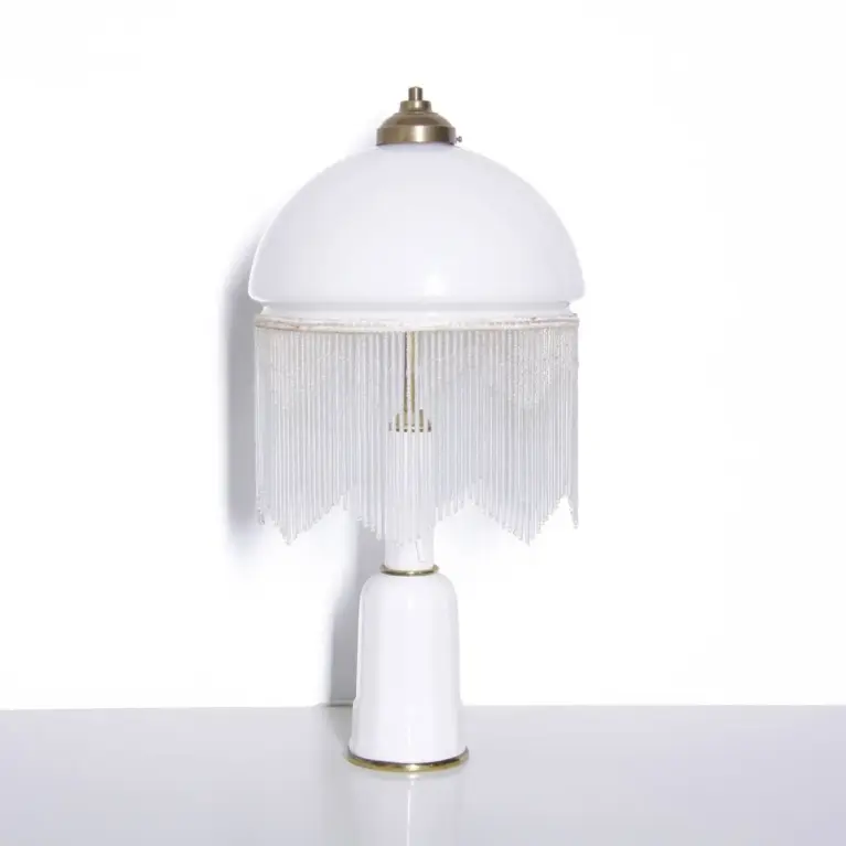 Tischlampe Glasschirm Opalglas Glasperlen 55cm 70er J Vintage