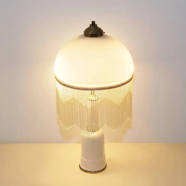 Tischlampe Glasschirm Opalglas Glasperlen 55cm 70er J Vintage