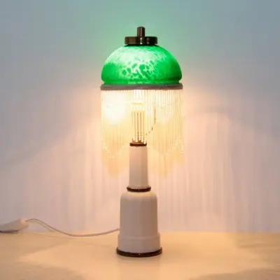 Tischlampe Glasschirm Glasperlen Porzellan 43cm 70er J Vintage