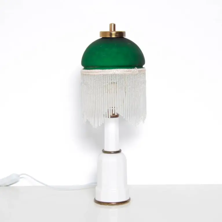 Tischlampe Glasschirm Glasperlen Porzellan 43cm 70er J Vintage