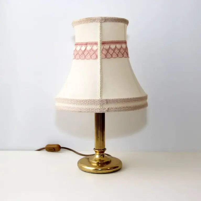 Tischlampe Messing Stoffbordüre 41cm 70er J Vintage