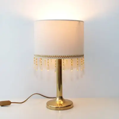Tischlampe Messing Textil Fransen Kunstglasperlen 90er J Vintage