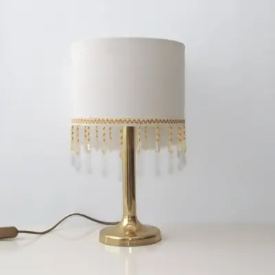Tischlampe Messing Textil Fransen Kunstglasperlen 90er J Vintage